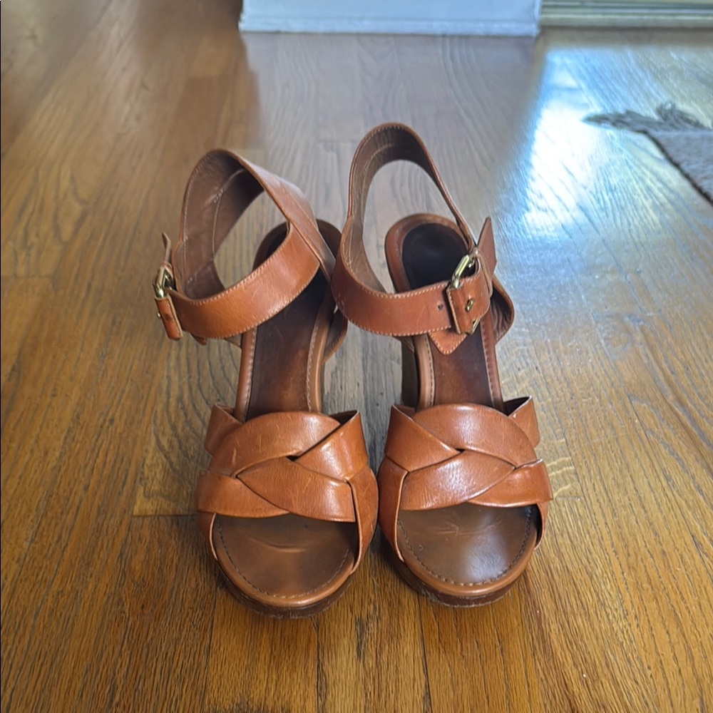 Celine Tan Wedges with Criss-Cross Ankle Strap